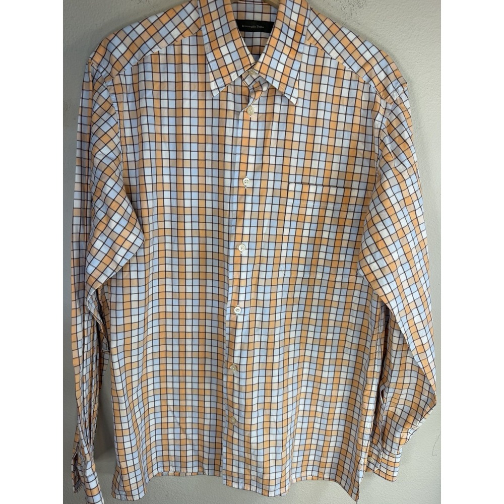 Ermenegildo Zegna Mens M Orange Blue White Check Cotton Button Up Shirt